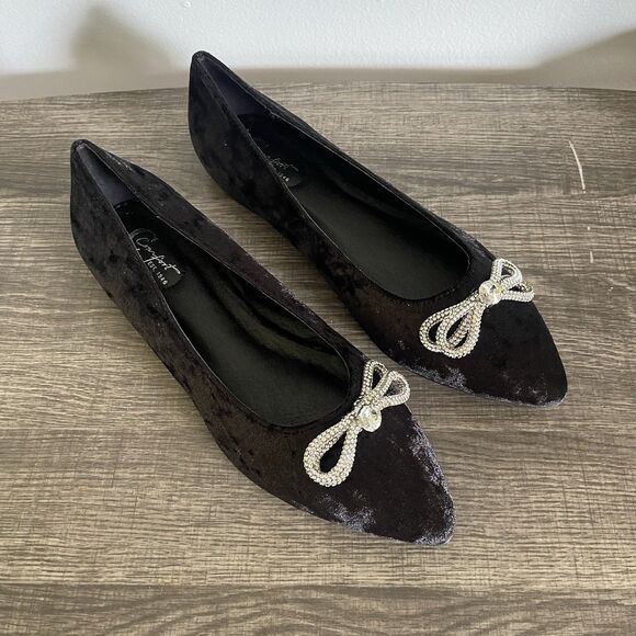 Comfort Women’s Rhinestone Bow Black Faux Velvet Ballet Flats Shoes Size 10W - Picture 1 of 8